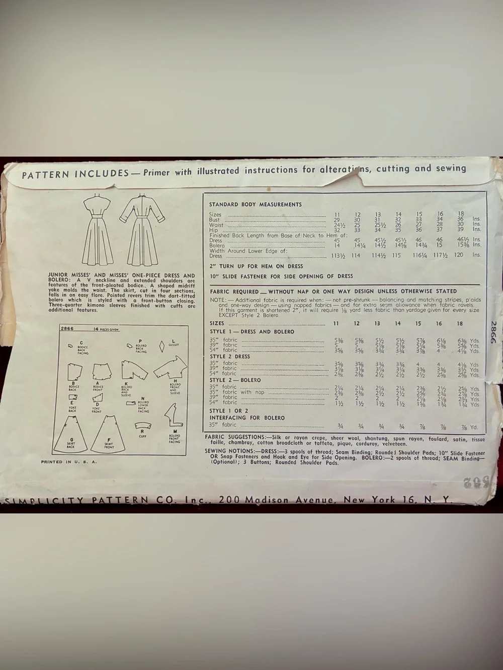 Simplicity Vintage 40’s Dress & Bolero Sewing Pattern